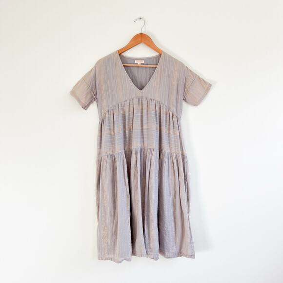 Pink Chicken Tiered V-Neck Neutral Metallic Striped Mini Dress, Size Small - Picture 1 of 11